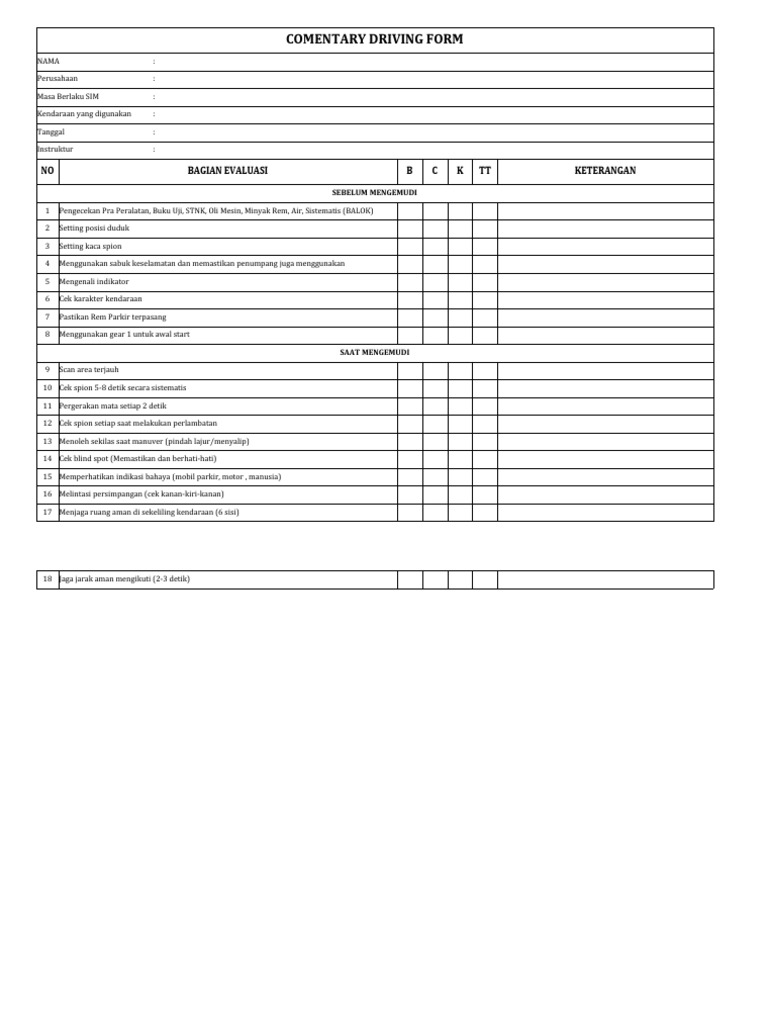 Pretrip & Comentary Driving Form | PDF
