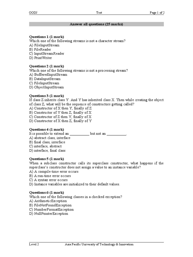 OODJ Test Questions and Answers | PDF | Class (Computer Programming ...