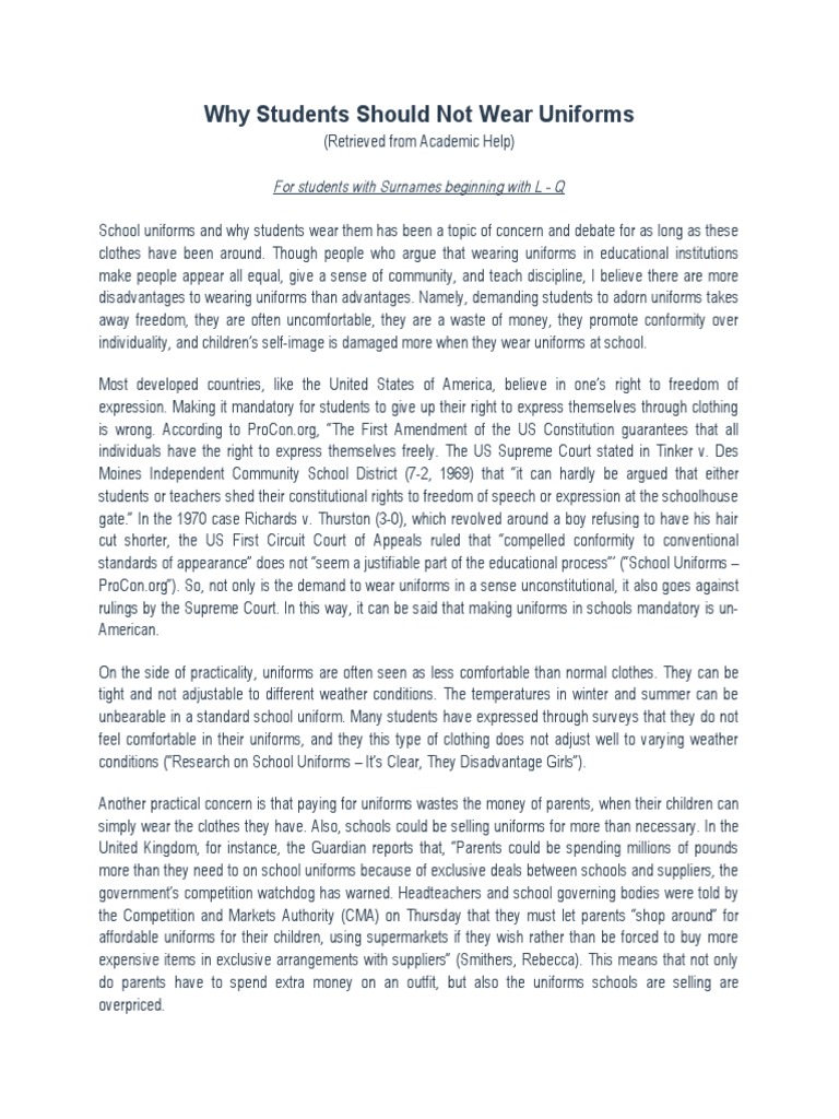 Why Students Should Not Wear Uniforms PDF First Amendment To The