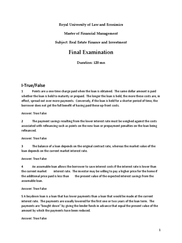 Real Estate Final Examination PDF Loans Real Estate Appraisal