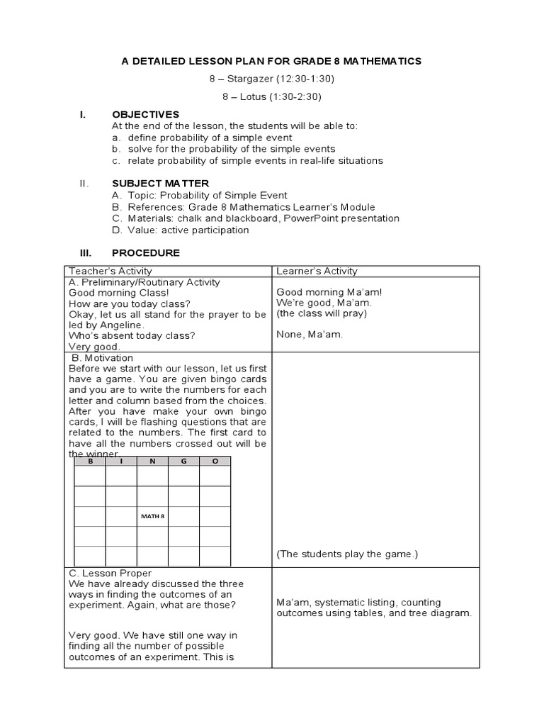 Grade 8 Math Lesson Plan: Probability | PDF | Probability