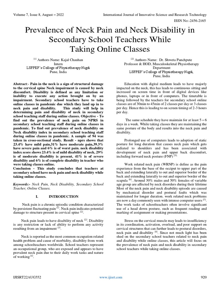 Prevalence of Neck Pain and Neck Disability in Secondary School