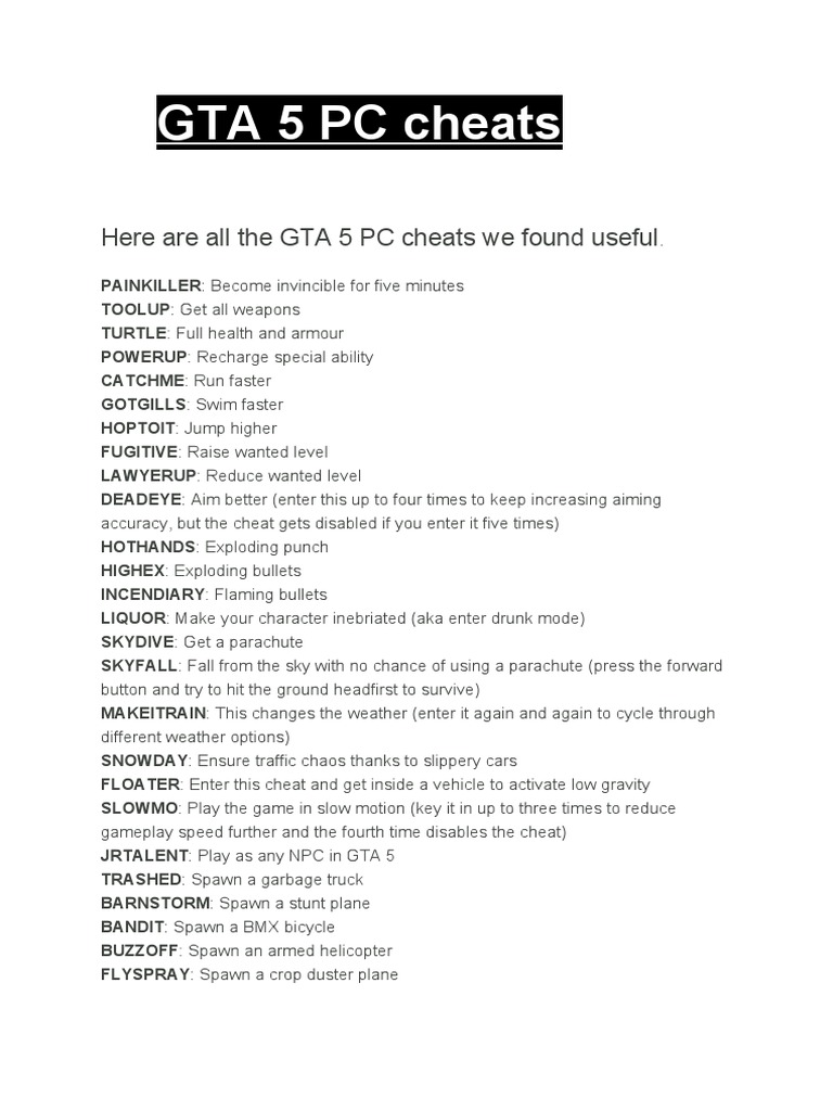 GTA 5 PC Cheats | PDF