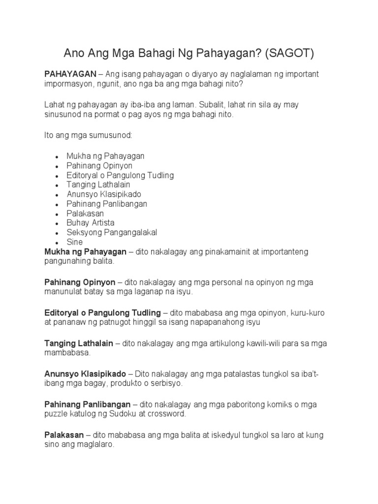 Ang Mga Bahagi Ng Pahayagan Pdf