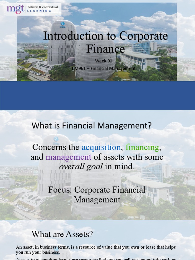 EM961 - Week 1 - Introduction To Corporate Finance (Ross Chapter 1 ...