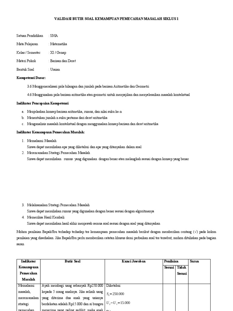 Lampiran 8 Validasi Butir Soal Siklus 1 (TS) | PDF