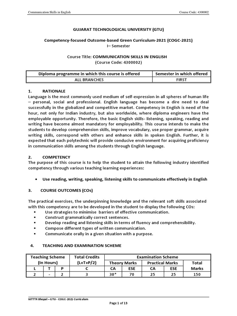 English Communication Skills Course Syllabus | PDF | Part Of Speech | Verb
