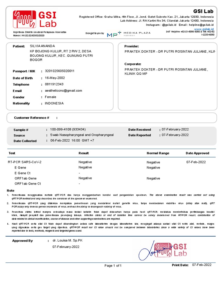 GSI Lab COVID-19 Test Report | PDF | Real Time Polymerase Chain ...