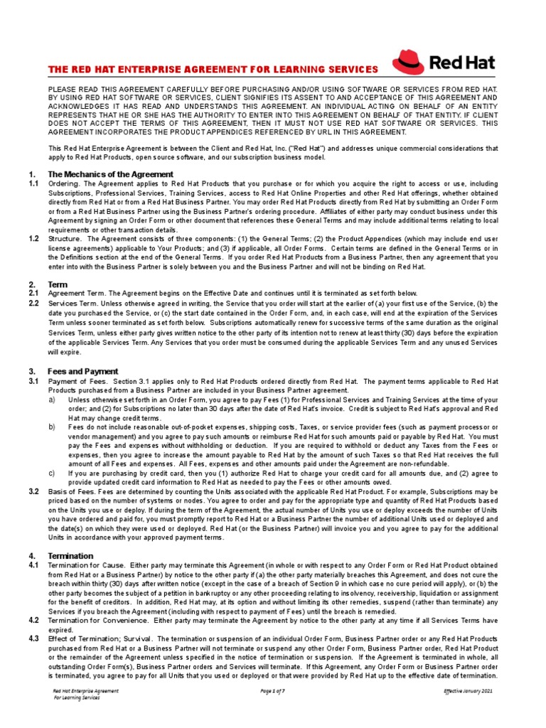 The Red Hat Enterprise Agreement For Learning Services PDF Confidentiality Fee