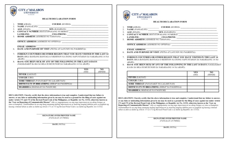 Health Declaration Form | PDF | Diseases And Disorders