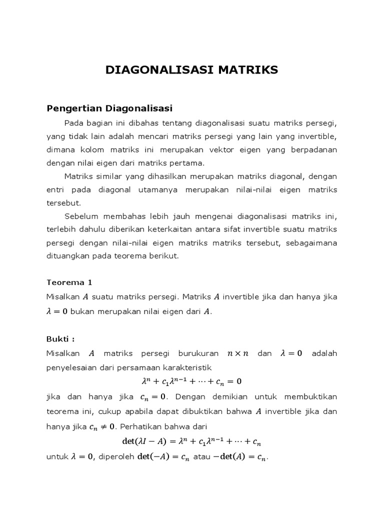 Teorema dan Prosedur Diagonalisasi Matriks | PDF