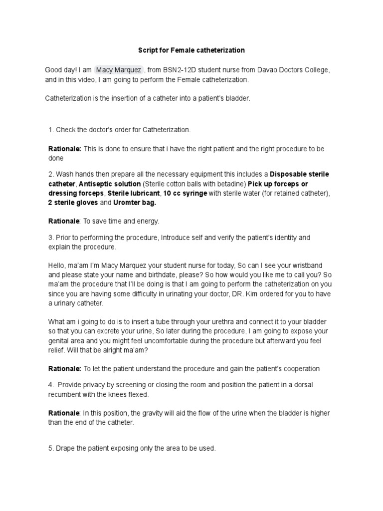 Female Catheterization Procedure Script | PDF | Urology | Clinical Medicine