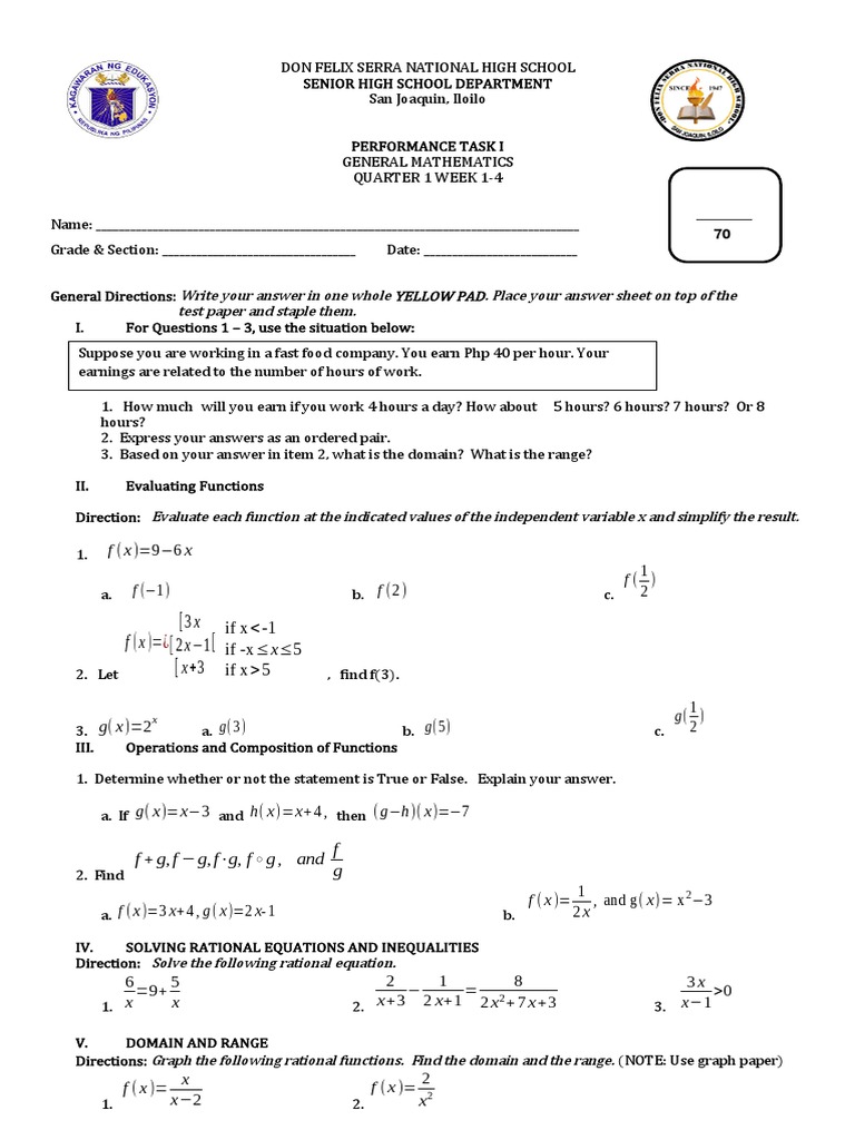Performance Task I: Solving Rational Equations and Evaluating Functions ...