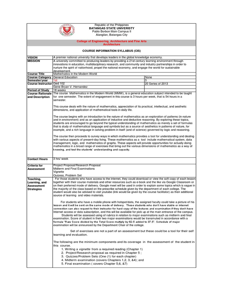 MMW Course Syllabus Overview | PDF | Statistics | Mathematics