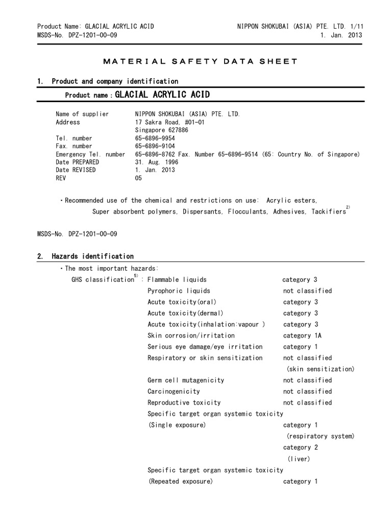 Glacial Acrylic Acid (Safety Data Sheet) PDF Toxicity Water