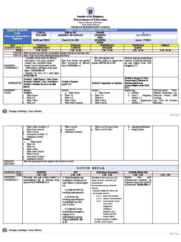 Grade 6 Quarter 3 Week 1 Lesson Plan | PDF