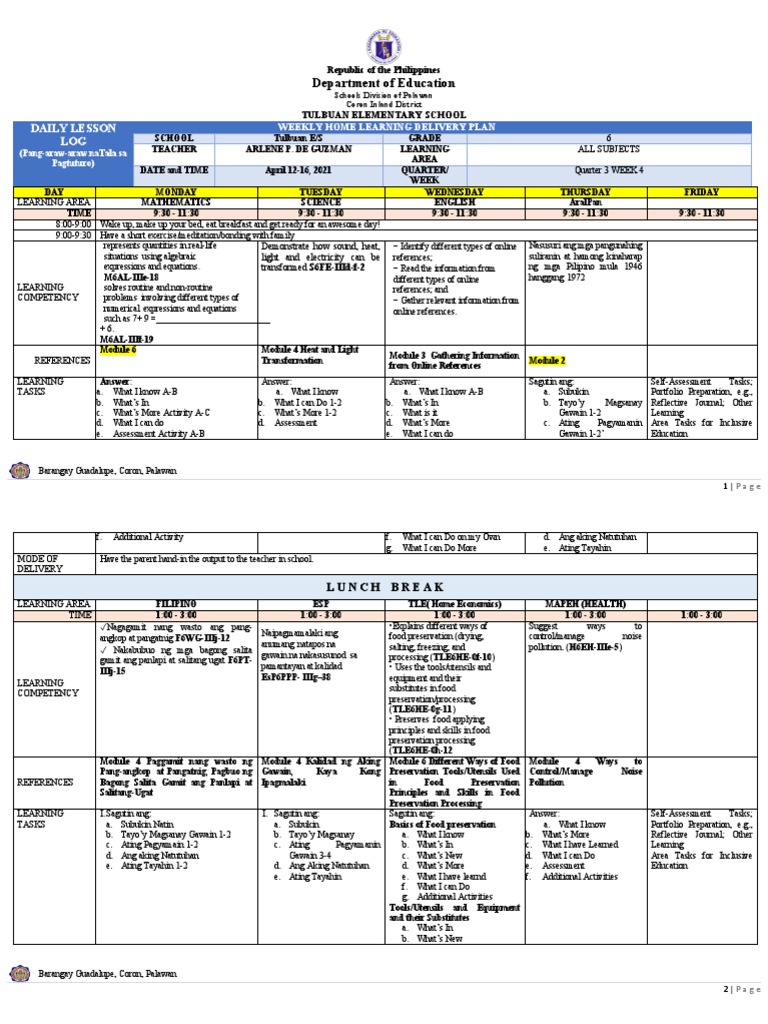 Grade 6 Weekly Learning Plan Q3W4 | PDF | Science