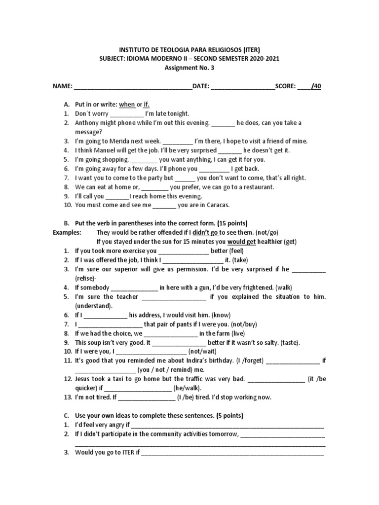 Assignment No. 3 Use of If, When, Wish in The Present and Past Tenses ...