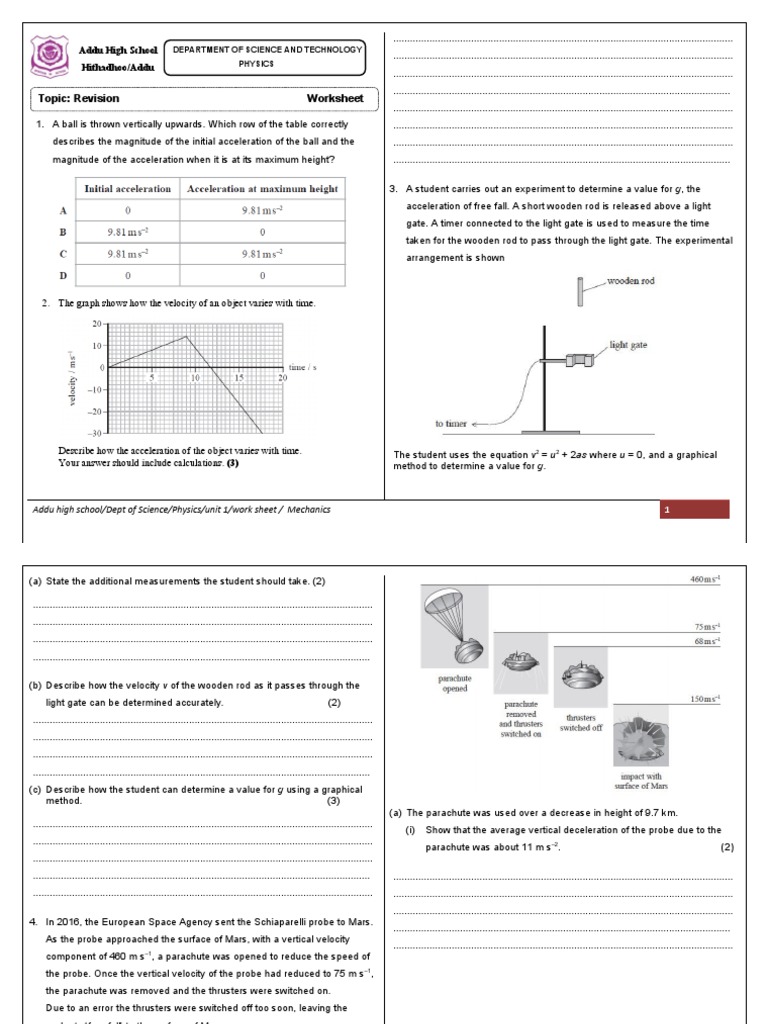 Physics Mechanics Worksheet for Students | PDF | Force | Acceleration