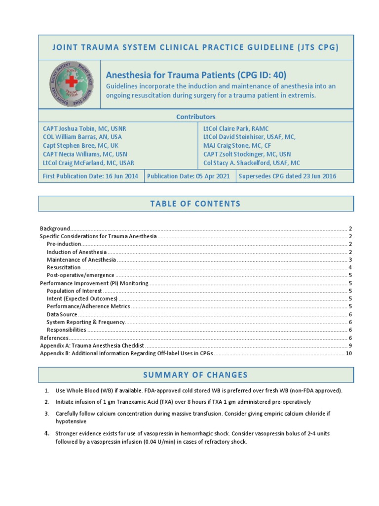 Trauma Anesthesia Guidelines CPG | PDF | Anesthesia | Surgery