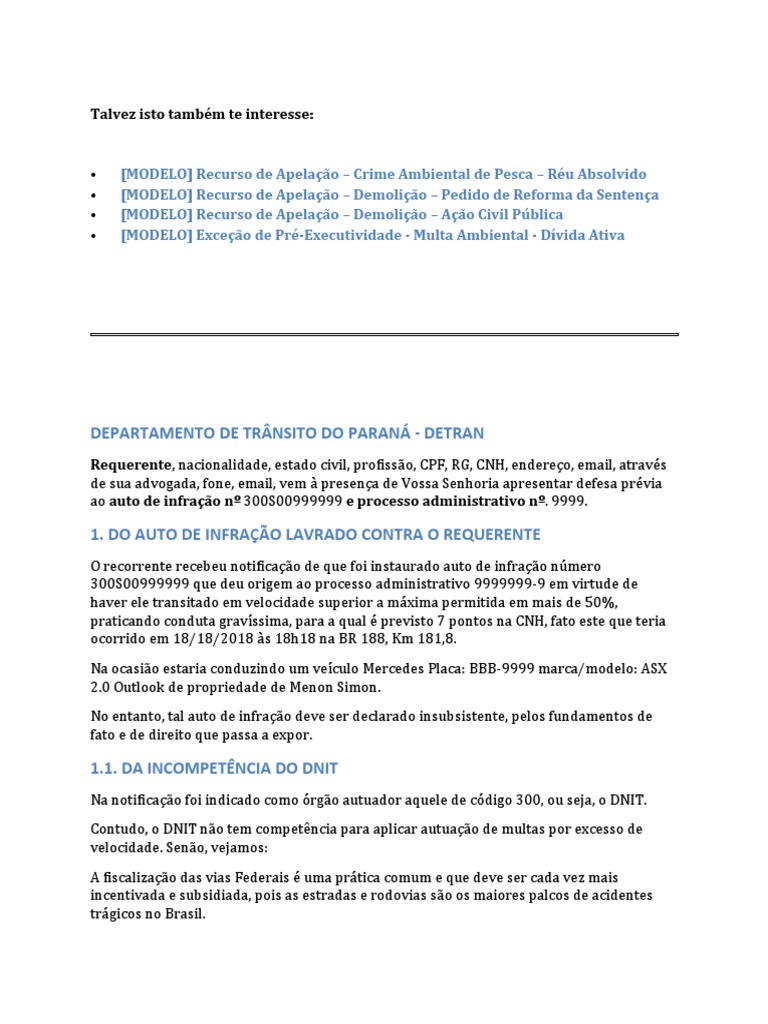 Modelo de Defesa de Auto de Infracao de Transito PDF Carteira de Motorista Justiça