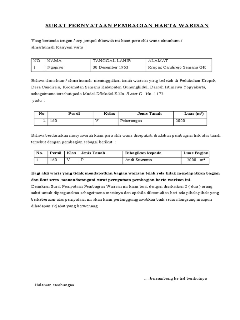 Surat Pembagian Warisan Pdf
