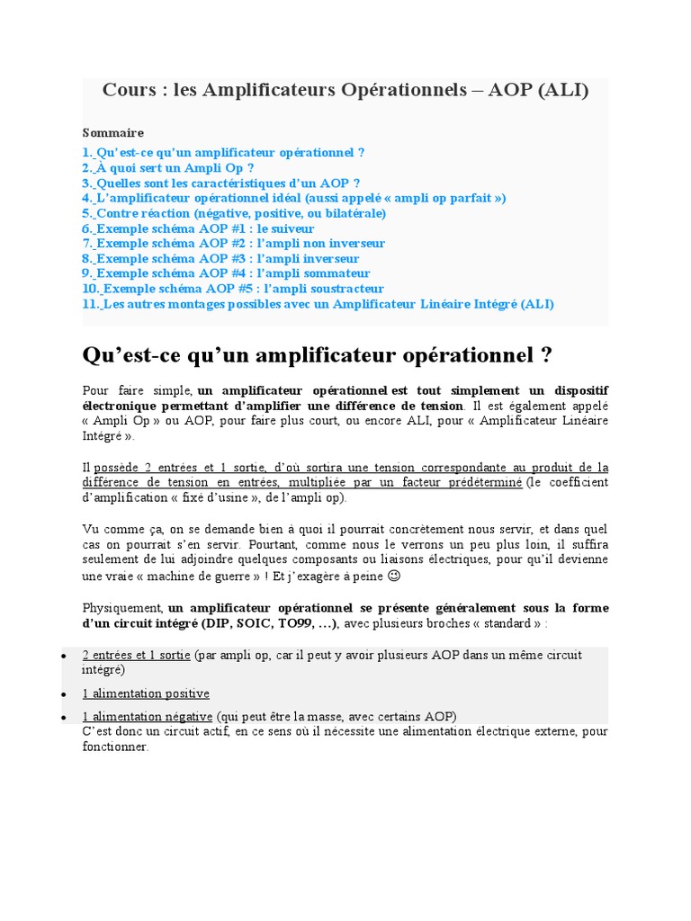 Comment Effectuer Une étude Sur Un Schéma électrique D ali Cours AOP - ALI | PDF | Amplificateur opérationnel | Amplificateur  électronique