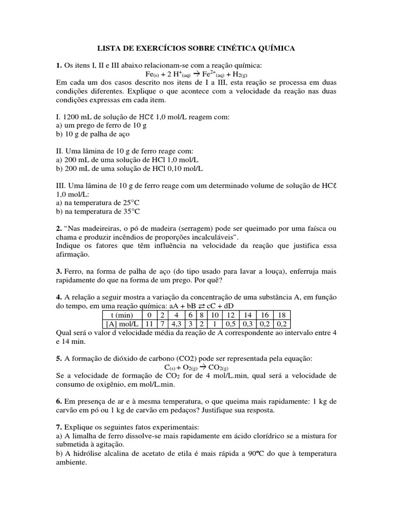Lista de Exercícios Sobre Cinética Química | PDF | Reações químicas ...