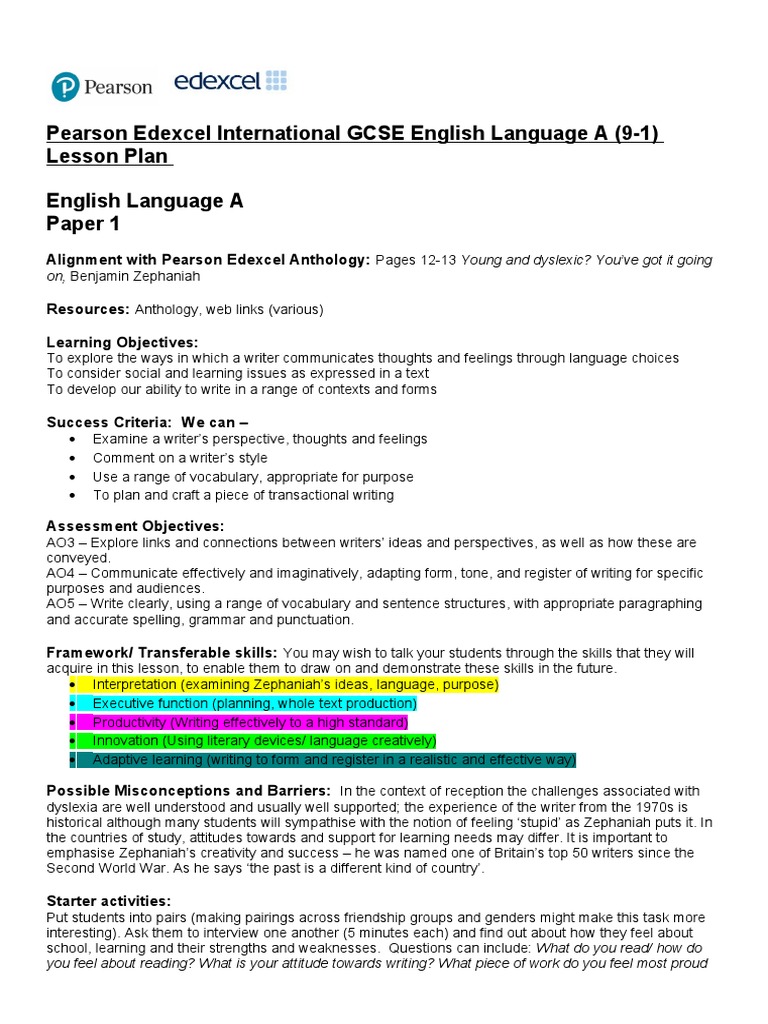 International Gcse English Language A Young Dyslexic Lesson Plan PDF