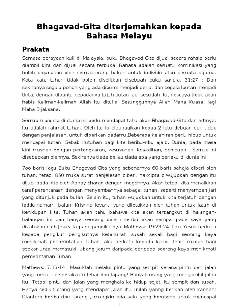 Bhagavad Gita Diterjemahkan Kepada Bahasa Melayu