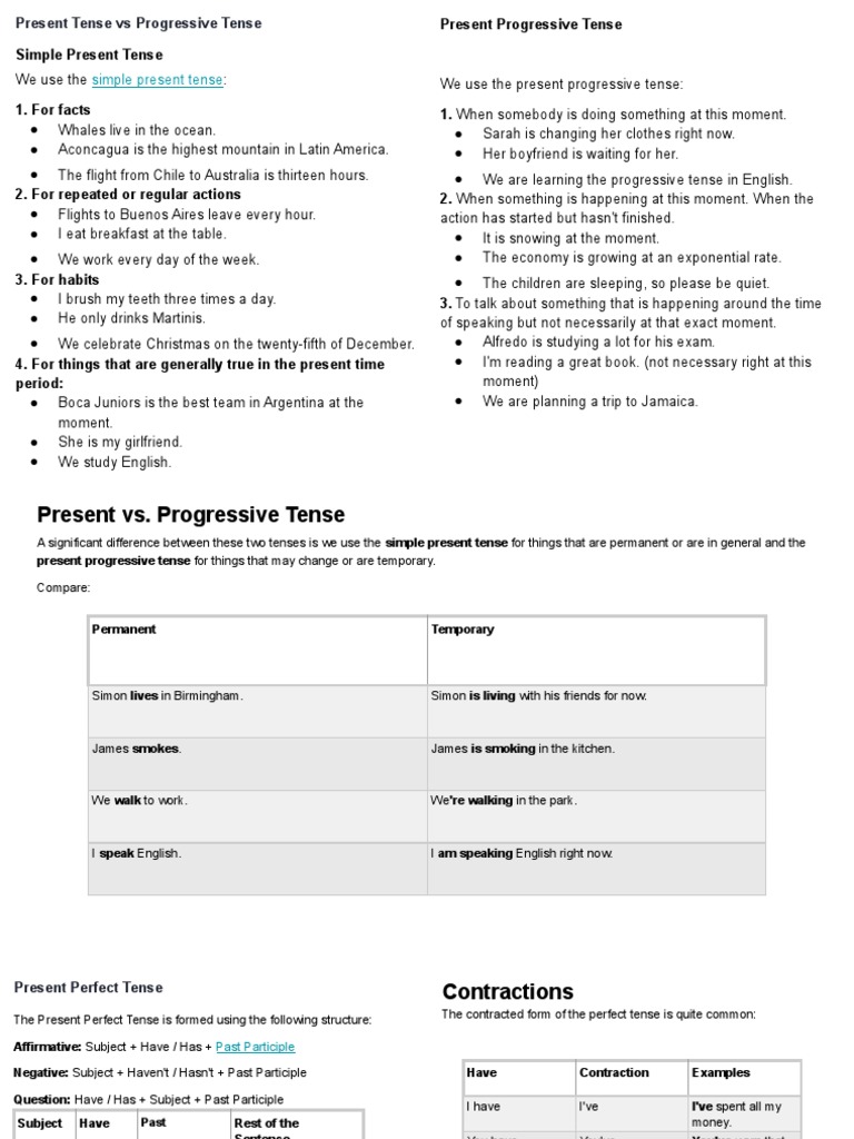Present Tense vs. Progressive Tense Guide | PDF | Perfect (Grammar ...