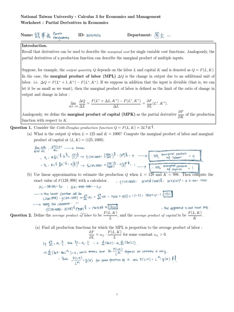 Partial Derivatives in Economics Worksheet | PDF | Production Function ...