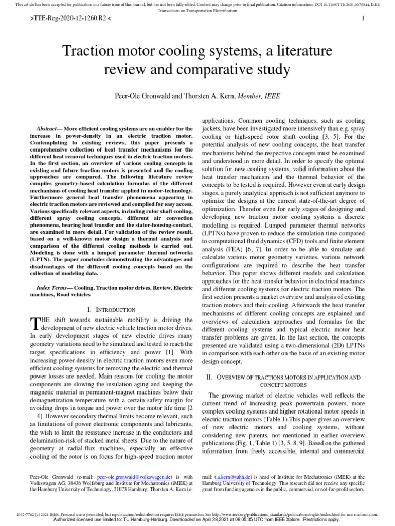 Traction Motor Cooling Systems, A Literature Review and Comparative ...