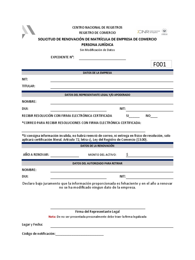 Solicitud de Renovación de Matrícula Empresarial | PDF | Justicia ...