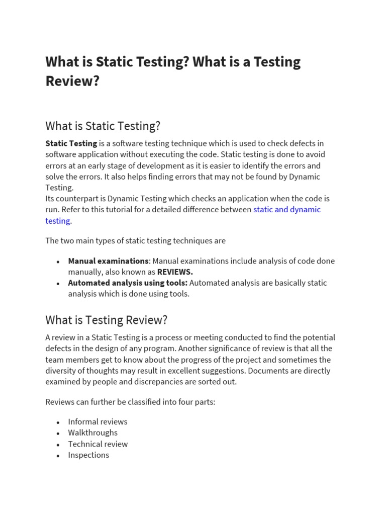 What Is Static Testing PDF Software Testing Information Age