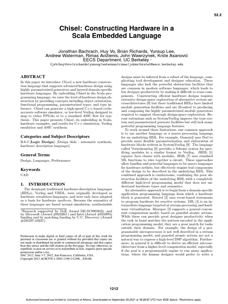 Chisel Constructing Hardware in A Scala Embedded Language Download Free PDF Hardware