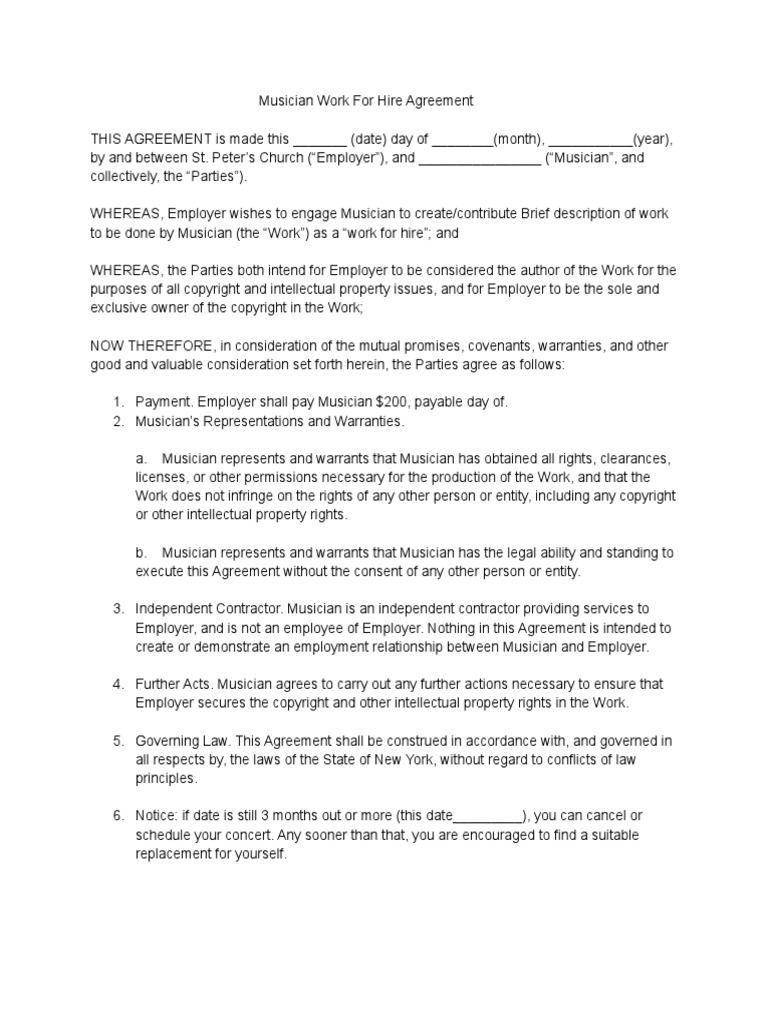 Musician Work For Hire Agreement PDF Employment Copyright