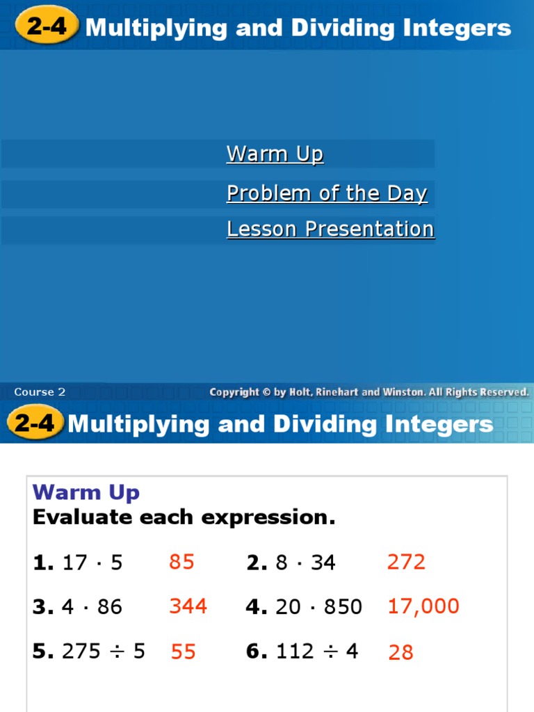 Multiplying and Dividing Integers: Warm Up Problem of The Day Lesson ...