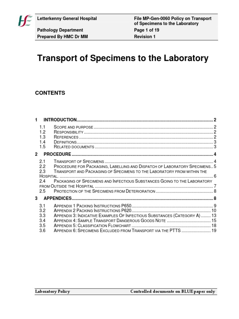 Laboratory Specimen Transport Policy PDF Dangerous Goods Medical