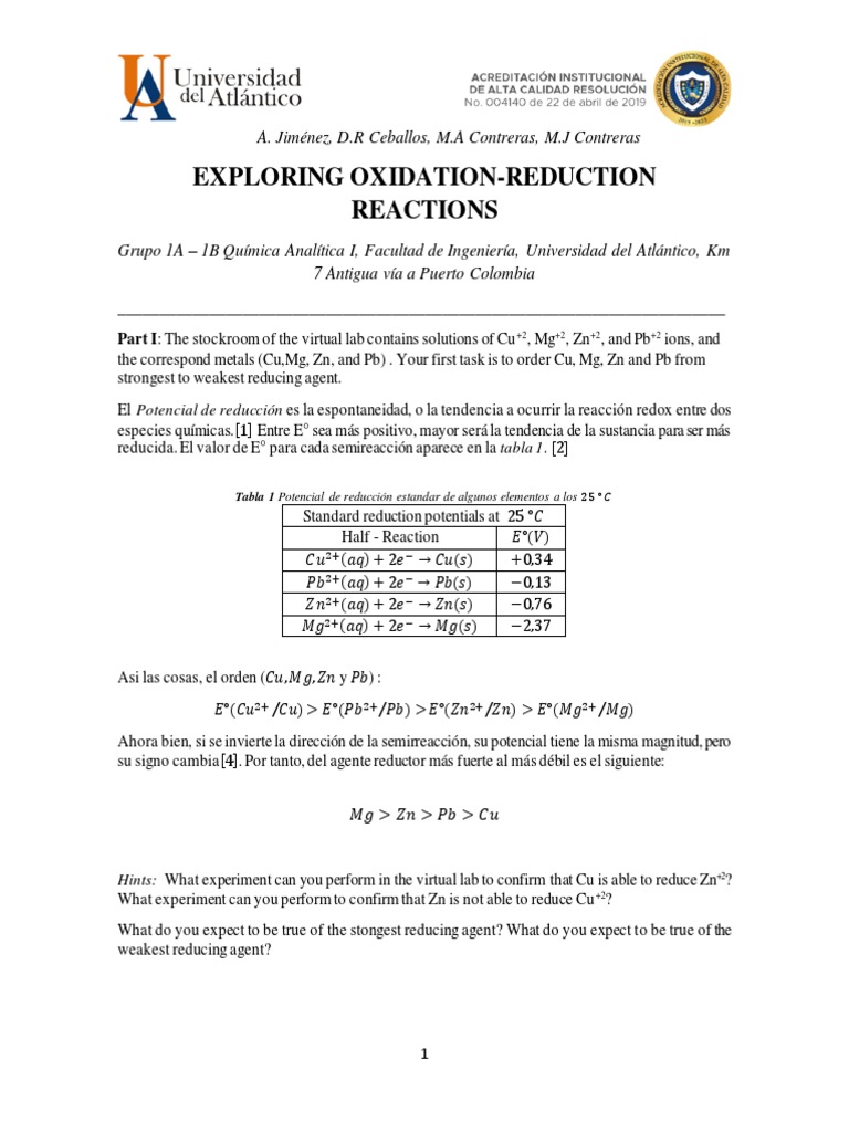 Taller Exploring OxidationReduction Reactions PDF Redox Zinc