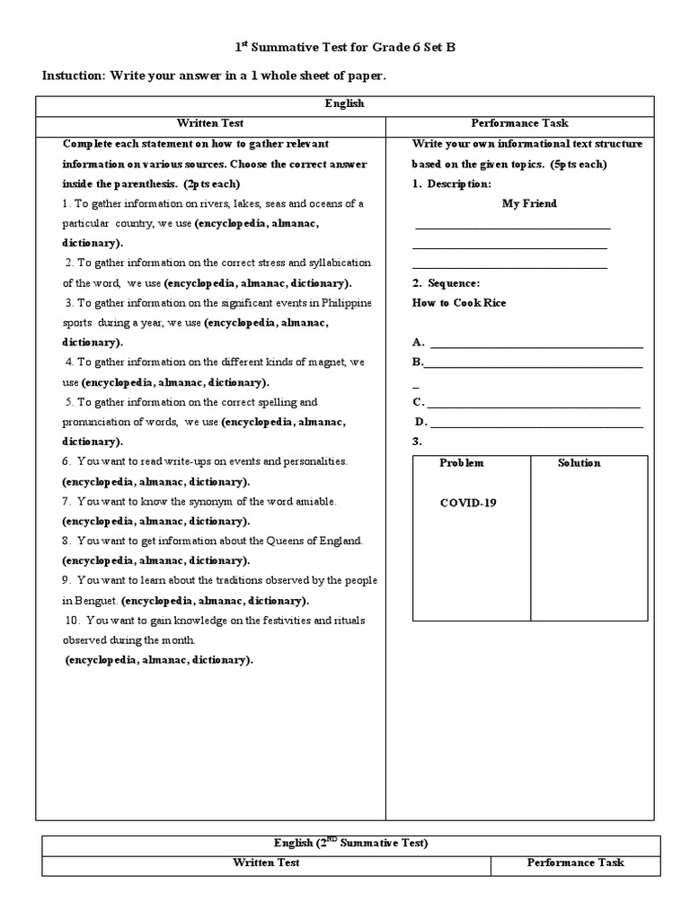 1st Summative Test For Grade 5 Set B Pdf Classroom Encyclopedias
