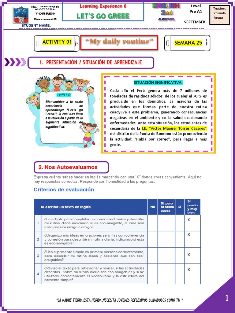EDA 6 - LET S GO GREEN - ACTIVITY 1 MY DAILY RPOUTINE - Yusef 2c | PDF ...