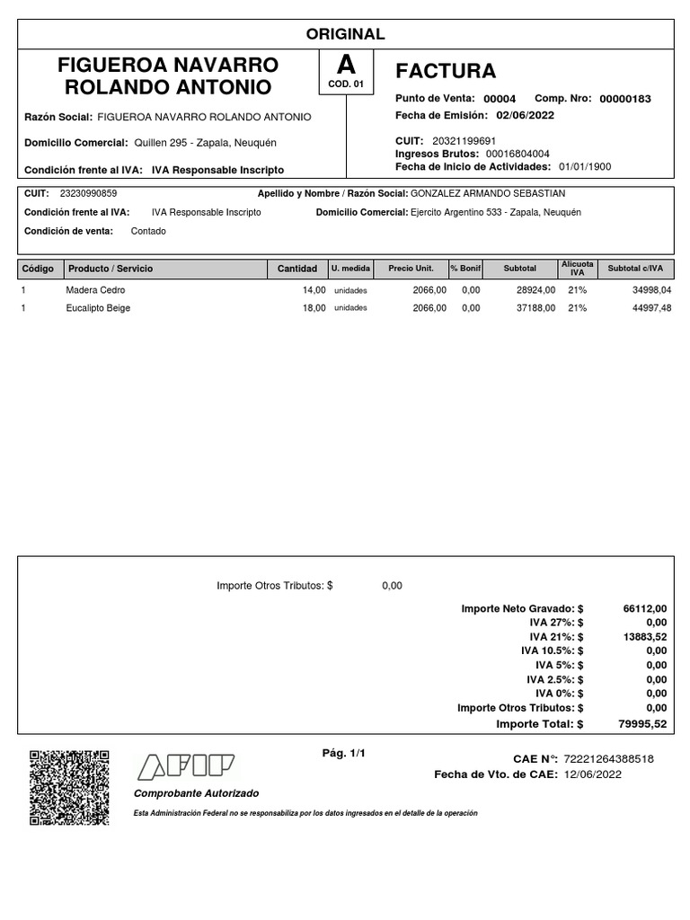 Figueroa Navarro Rolando Antonio Factura: Original | PDF