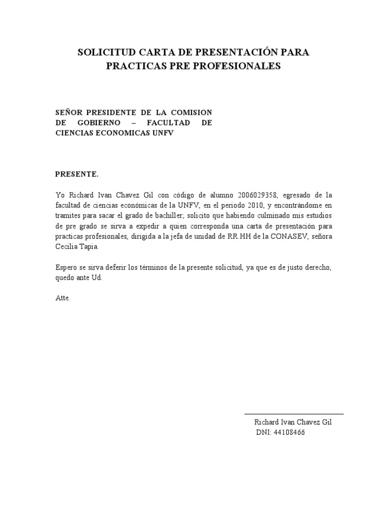 SOLICITUD CARTA DE PRESENTACIÓN PARA PRACTICAS PRE
