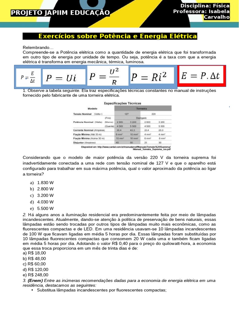 Exercicios Sobre Potência e Energia Elétrica | PDF | Potência (Física ...