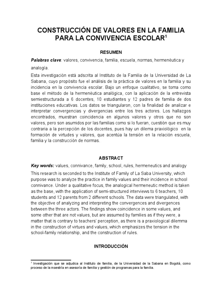 Construcción de Valores en La Familia para La Convivencia Escolar | PDF ...