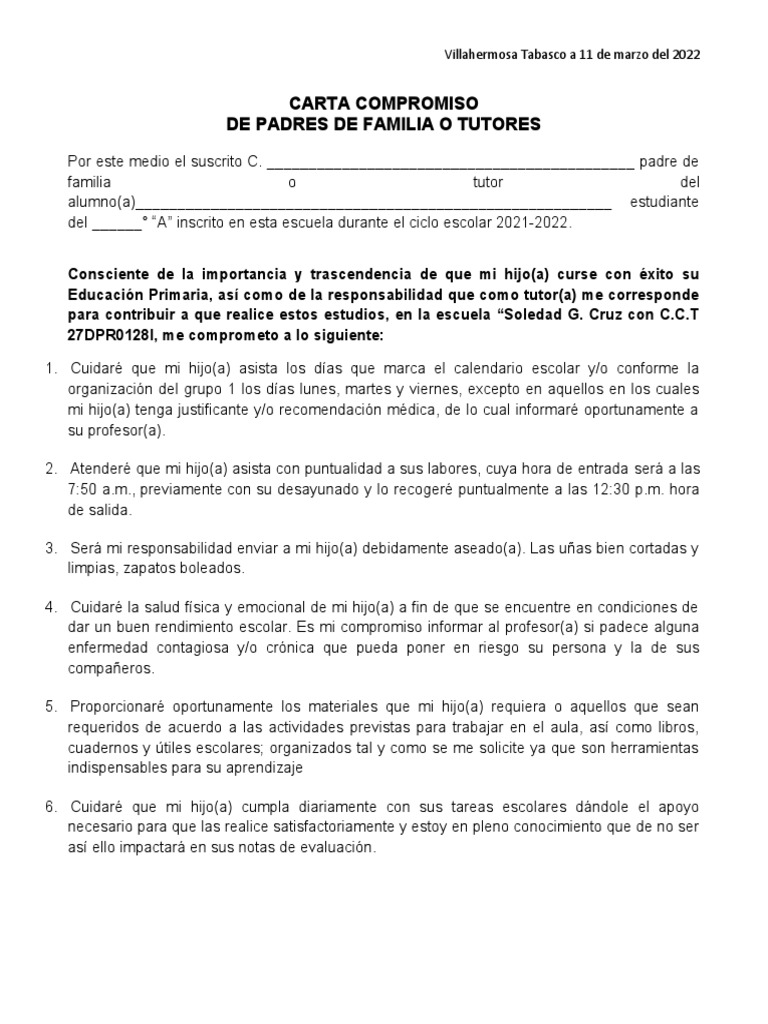 Carta Compromiso Escolar para Padres | PDF
