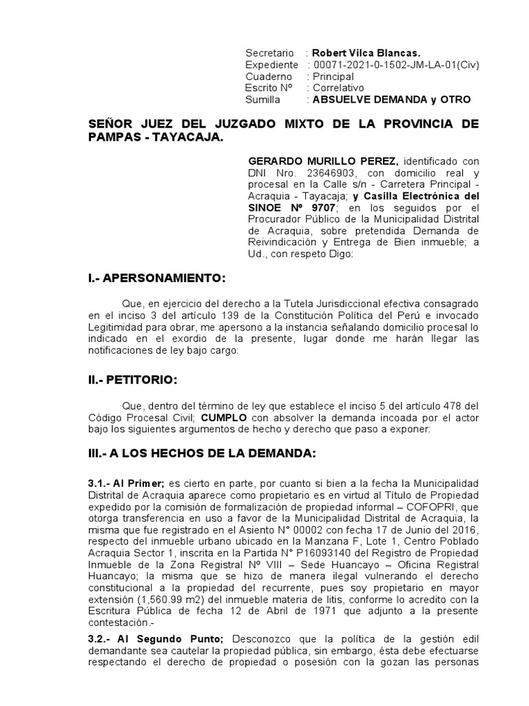 Contestacion Demanda de Reivindicacion y Reconvencion | PDF | Propiedad ...
