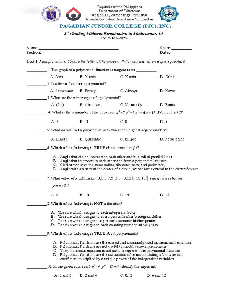 2nd Midterm Math 10 Pdf Polynomial Equations