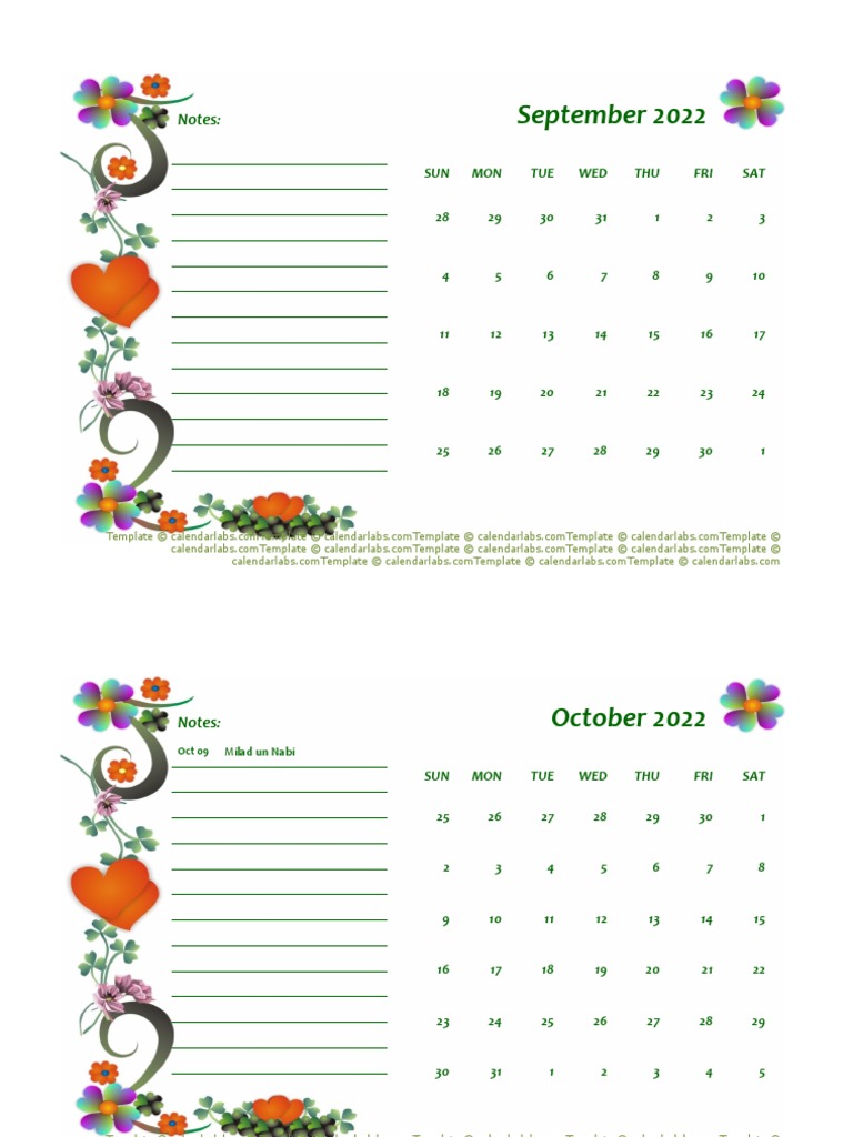 Monthly Calendar Notes for September 2022 through April 2023